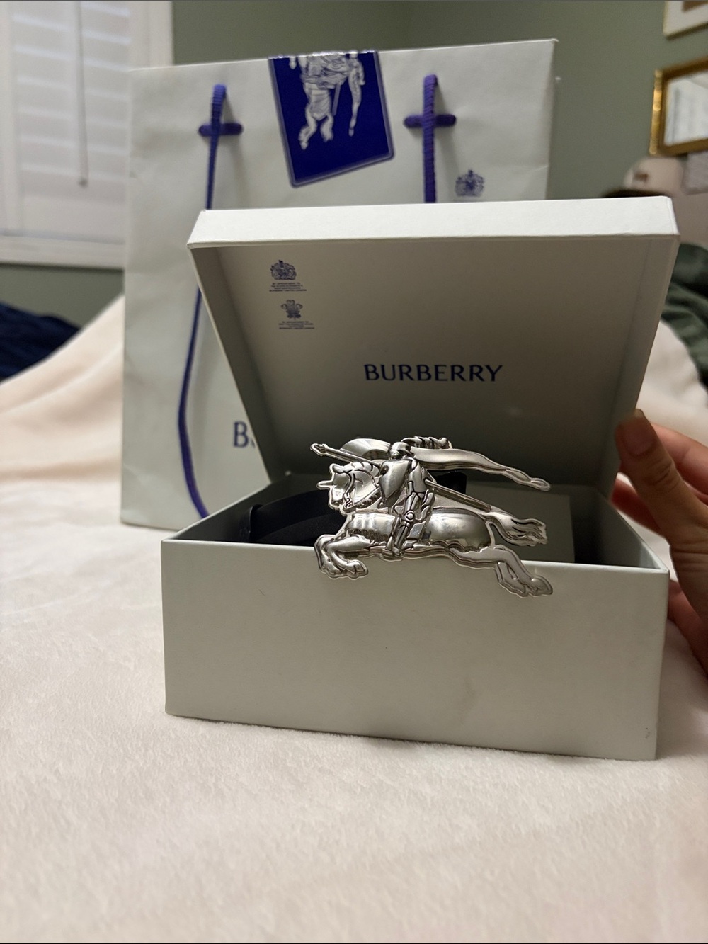 Burberry Black Leather Belt with Silver Equestrian Buckle